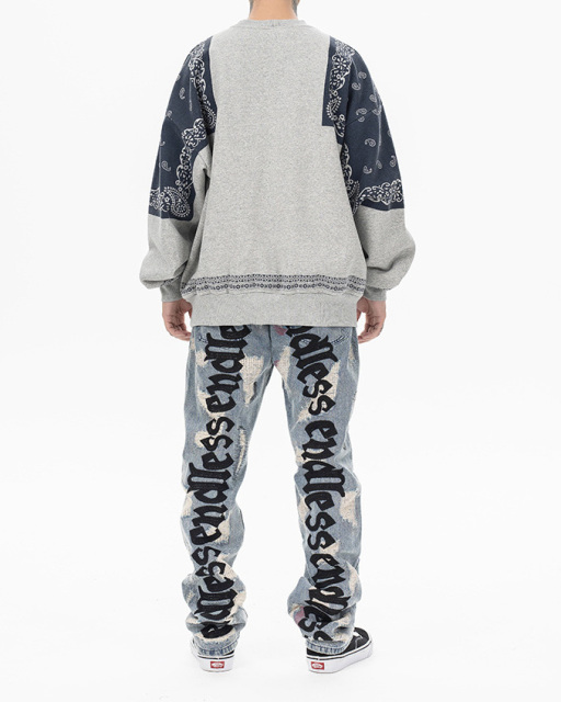 2024 Autumn and winter new fashion brand Japanese vintage cashew flower splicing and fleece round neck hoodie men loose