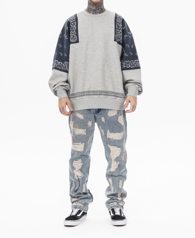 2024 Autumn and winter new fashion brand Japanese vintage cashew flower splicing and fleece round neck hoodie men loose