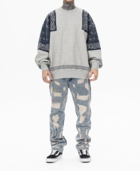 2024 Autumn and winter new fashion brand Japanese vintage cashew flower splicing and fleece round neck hoodie men loose