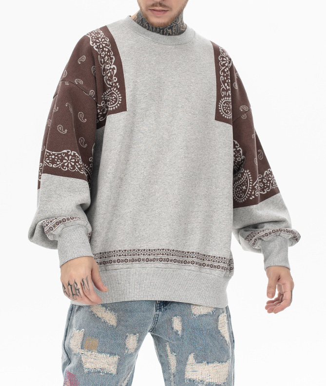 2024 Autumn and winter new fashion brand Japanese vintage cashew flower splicing and fleece round neck hoodie men loose