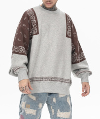 2024 Autumn and winter new fashion brand Japanese vintage cashew flower splicing and fleece round neck hoodie men loose