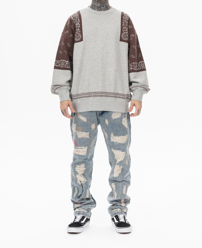 2024 Autumn and winter new fashion brand Japanese vintage cashew flower splicing and fleece round neck hoodie men loose