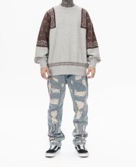 2024 Autumn and winter new fashion brand Japanese vintage cashew flower splicing and fleece round neck hoodie men loose