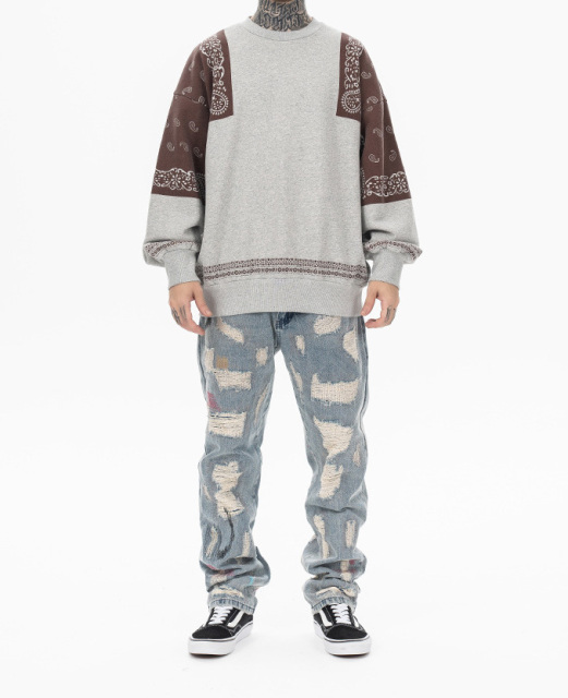 2024 Autumn and winter new fashion brand Japanese vintage cashew flower splicing and fleece round neck hoodie men loose