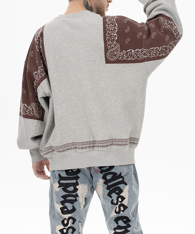 2024 Autumn and winter new fashion brand Japanese vintage cashew flower splicing and fleece round neck hoodie men loose