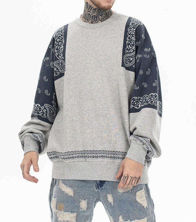 2024 Autumn and winter new fashion brand Japanese vintage cashew flower splicing and fleece round neck hoodie men loose