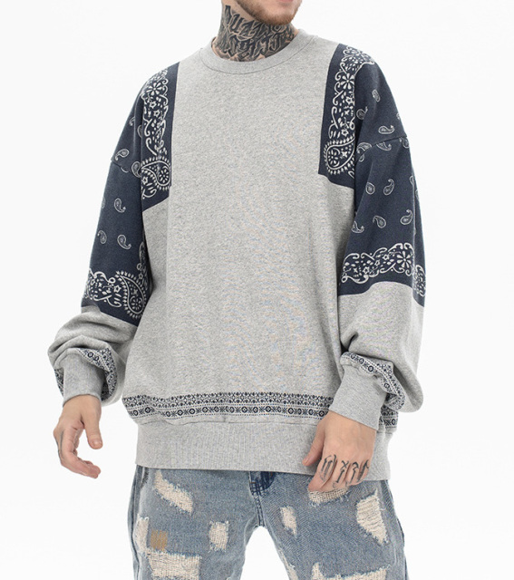 2024 Autumn and winter new fashion brand Japanese vintage cashew flower splicing and fleece round neck hoodie men loose