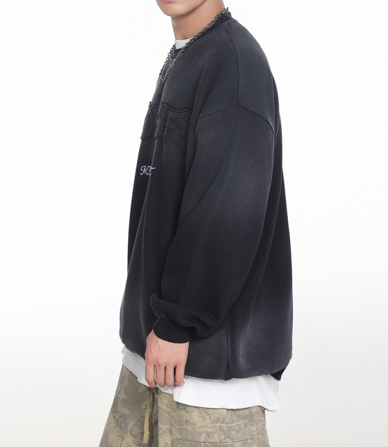 2024 Simple letter embroidery heavy wash water hoodie crew neck top gradual loose couple hoodie