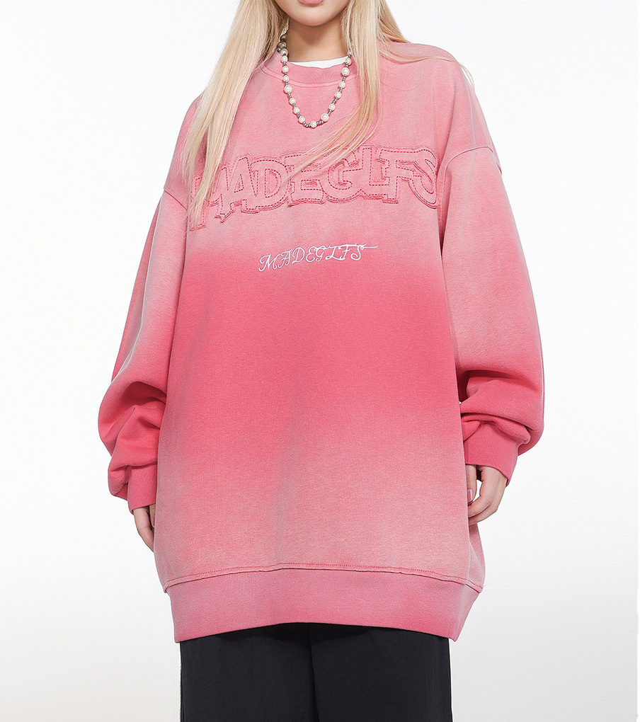 2024 Simple letter embroidery heavy wash water hoodie crew neck top gradual loose couple hoodie