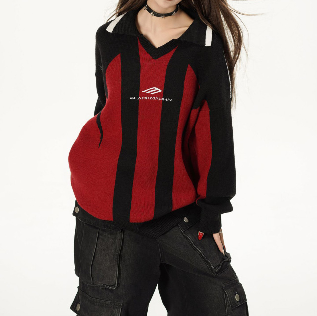 Autumn women's new real shot American retro lapel heavy matching color pullover sweater