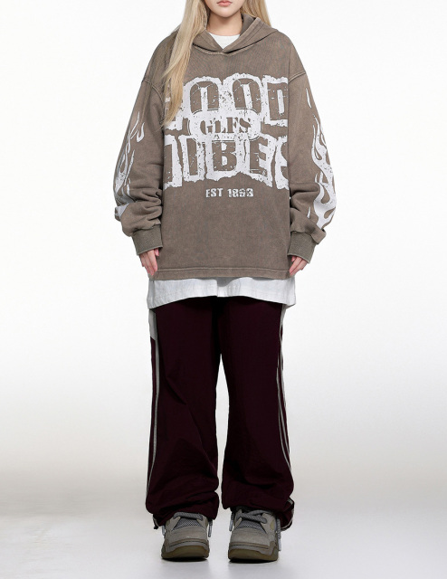 Autumn and winter new flame high street letter print hoodie with loose lovers sports long-sleeved hoodie