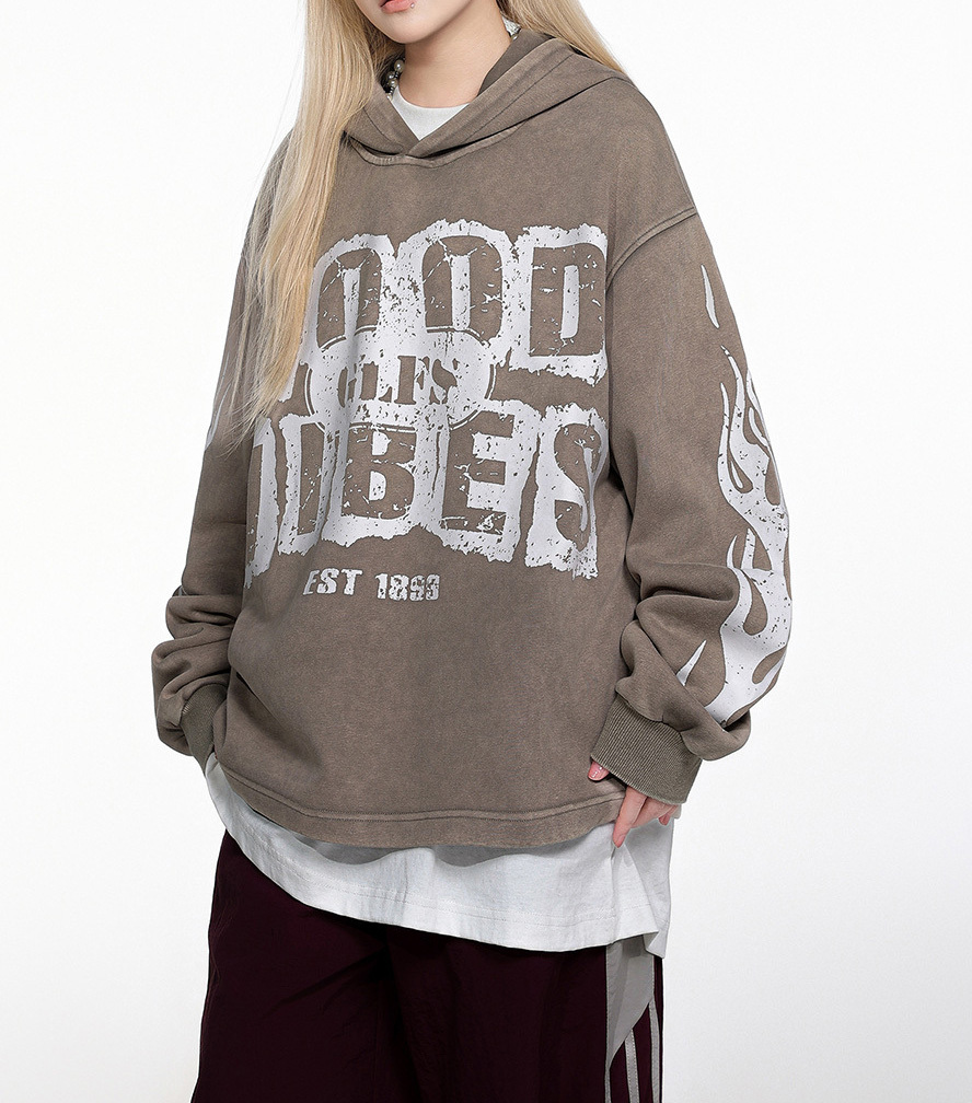 Autumn and winter new flame high street letter print hoodie with loose lovers sports long-sleeved hoodie