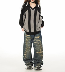 Autumn women's new real shot American retro lapel heavy matching color pullover sweater