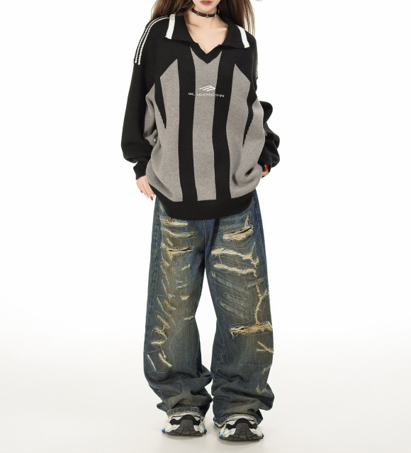 Autumn women's new real shot American retro lapel heavy matching color pullover sweater