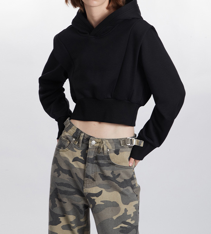 Autumn American fashion brand hoodie short hoodie women hooded crop solid color pullover coat top