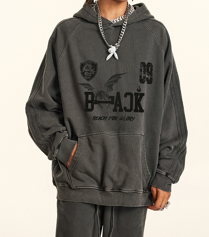 2024 Autumn American vintage wash wool hoodie men's loose grey high-grade coat