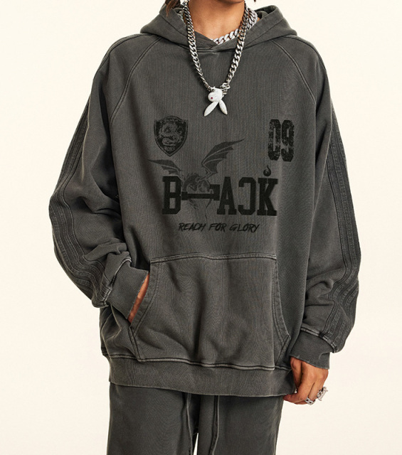 2024 Autumn American vintage wash wool hoodie men's loose grey high-grade coat