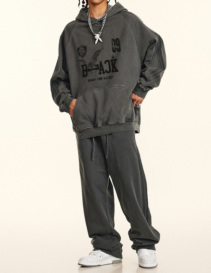 2024 Autumn American vintage wash wool hoodie men's loose grey high-grade coat