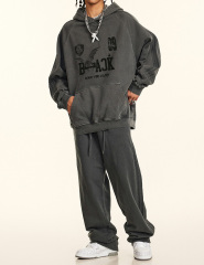 2024 Autumn American vintage wash wool hoodie men's loose grey high-grade coat