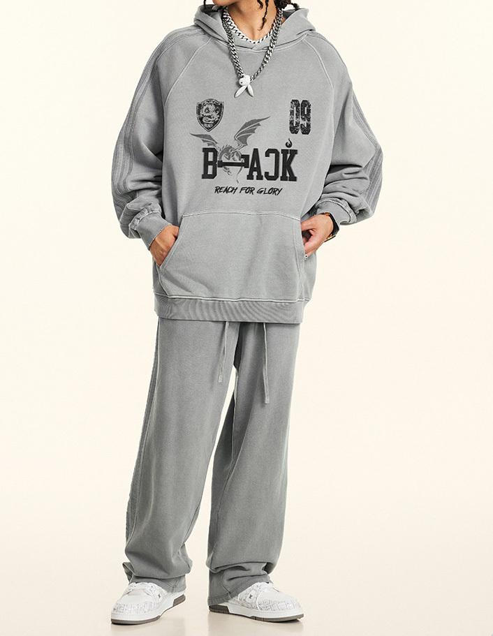 2024 Autumn American vintage wash wool hoodie men's loose grey high-grade coat