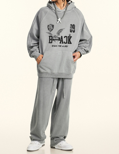 2024 Autumn American vintage wash wool hoodie men's loose grey high-grade coat