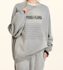 2024 pre-fall American mottled old letter pullover top loose hipster round neck plus fleece hoodie couple style