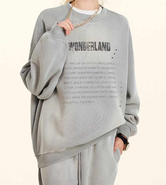 2024 pre-fall American mottled old letter pullover top loose hipster round neck plus fleece hoodie couple style