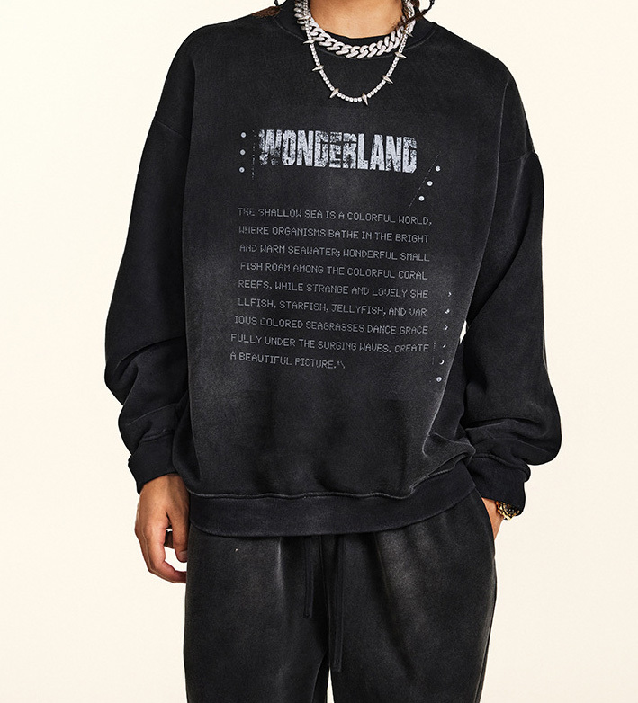 2024 pre-fall American mottled old letter pullover top loose hipster round neck plus fleece hoodie couple style