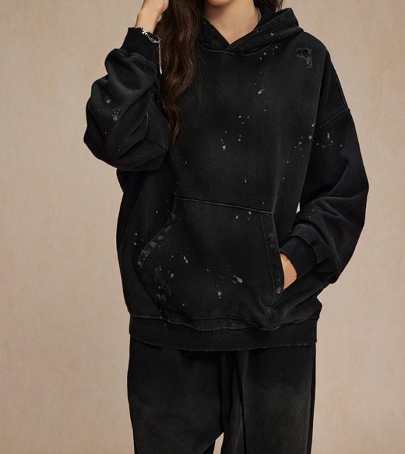 Autumn and winter 450g spray-dyed ink-splashed holes to make old hooded sweatshirts for men street fashion heavyweight retro sweatshirts for men and women