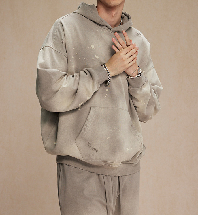 Autumn and winter 450g spray-dyed ink-splashed holes to make old hooded sweatshirts for men street fashion heavyweight retro sweatshirts for men and women