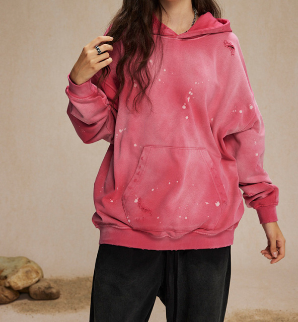 Autumn and winter 450g spray-dyed ink-splashed holes to make old hooded sweatshirts for men street fashion heavyweight retro sweatshirts for men and women