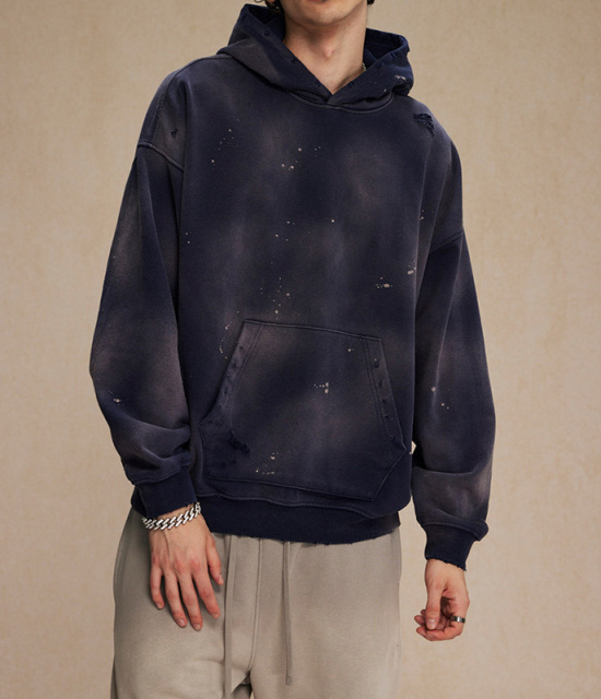 Autumn and winter 450g spray-dyed ink-splashed holes to make old hooded sweatshirts for men street fashion heavyweight retro sweatshirts for men and women