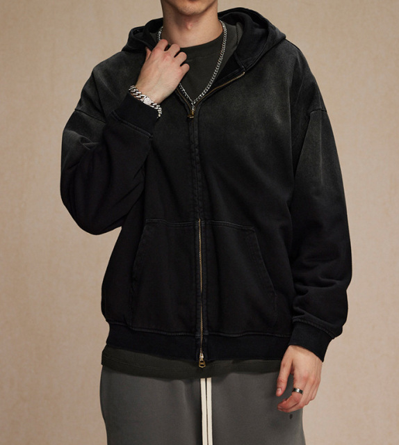 Autumn and winter trendy brand spray dyed old heavy zipper sweater American style 450g washed retro cardigan men and women jacket