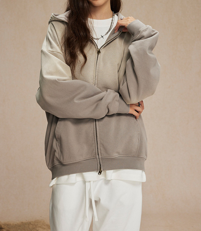 Autumn and winter trendy brand spray dyed old heavy zipper sweater American style 450g washed retro cardigan men and women jacket