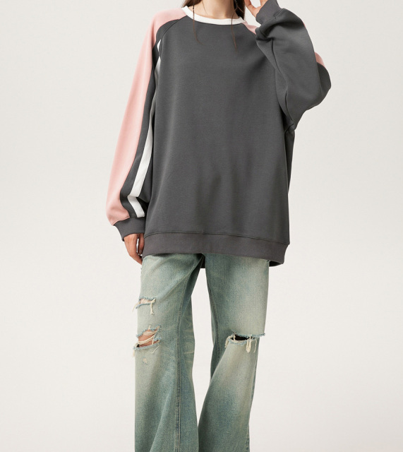 New autumn and winter round neck loose stitching shoulder pullover sweater men's American retro casual sports style tops couple models