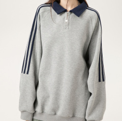 New American retro striped lapel sweatshirt for autumn and winter, heavy 400g, long sleeves, loose college style couple wear