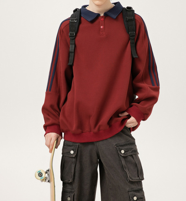 New American retro striped lapel sweatshirt for autumn and winter, heavy 400g, long sleeves, loose college style couple wear