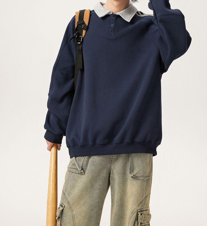 New American retro striped lapel sweatshirt for autumn and winter, heavy 400g, long sleeves, loose college style couple wear