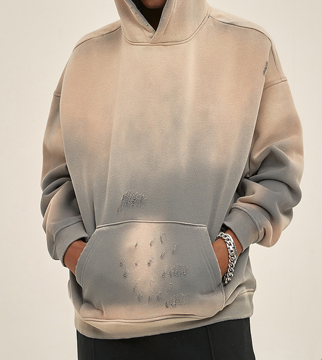 Autumn and winter new arrival 360g sprayed monkey washed water old edged trendy brand hooded sweatshirt for men