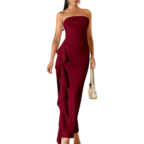 Europe and America Hot Selling Fashion Sexy Solid Color Lotus Leaf Edge Women's Party Evening Dress