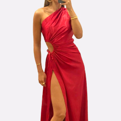Custom Solid Color Halter Sleeveless Hollow Waist Design Elegant Evening Dress Slit Slim Dresses