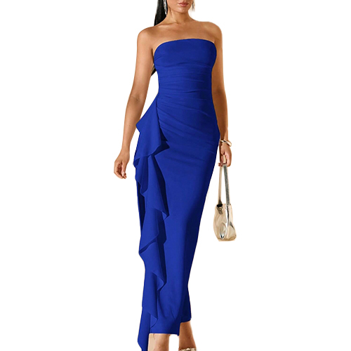 Europe and America Hot Selling Fashion Sexy Solid Color Lotus Leaf Edge Women's Party Evening Dress