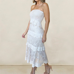 Custom Spring and Summer New Shoulderless Crocheted Hollowwork Ruffled Lace Long Temperament Dress