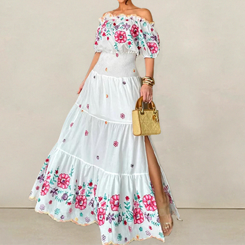 Spring&Summer Boho Off Shoulder Floral Maxi Dress for Women