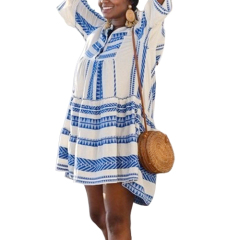 Bohemian Geometric Summer Print V Neck Long Sleeve Women Beach Holiday Maxi Dress