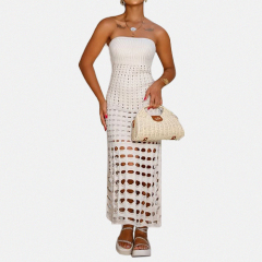 Summer New Tube Top Strapless Knit Dress Seaside Sexy Solid Color Slim Dress Hollow Women Holiday Beach Dress