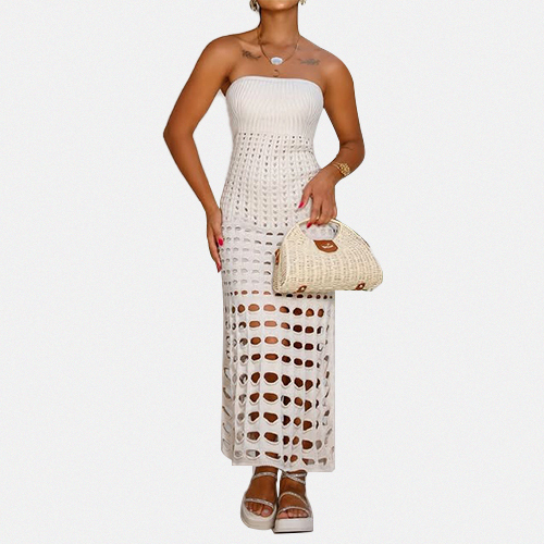 Summer New Tube Top Strapless Knit Dress Seaside Sexy Solid Color Slim Dress Hollow Women Holiday Beach Dress