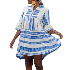 Bohemian Geometric Summer Print V Neck Long Sleeve Women Beach Holiday Maxi Dress