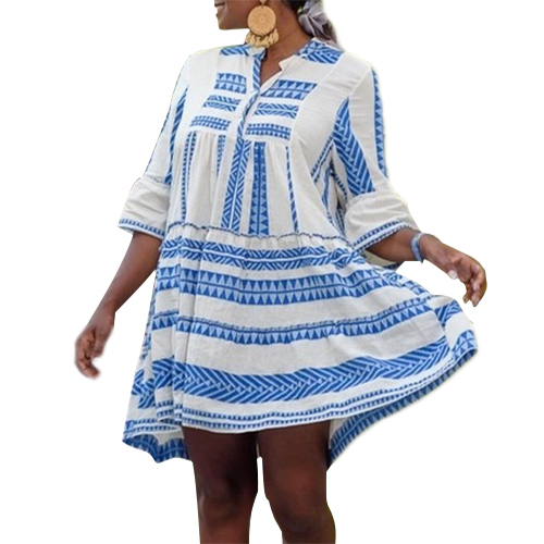 Bohemian Geometric Summer Print V Neck Long Sleeve Women Beach Holiday Maxi Dress