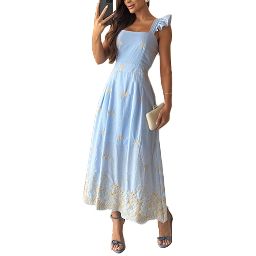 Solid Color Hollow Out Embroidery Dress Square Neck Dresses Clothing